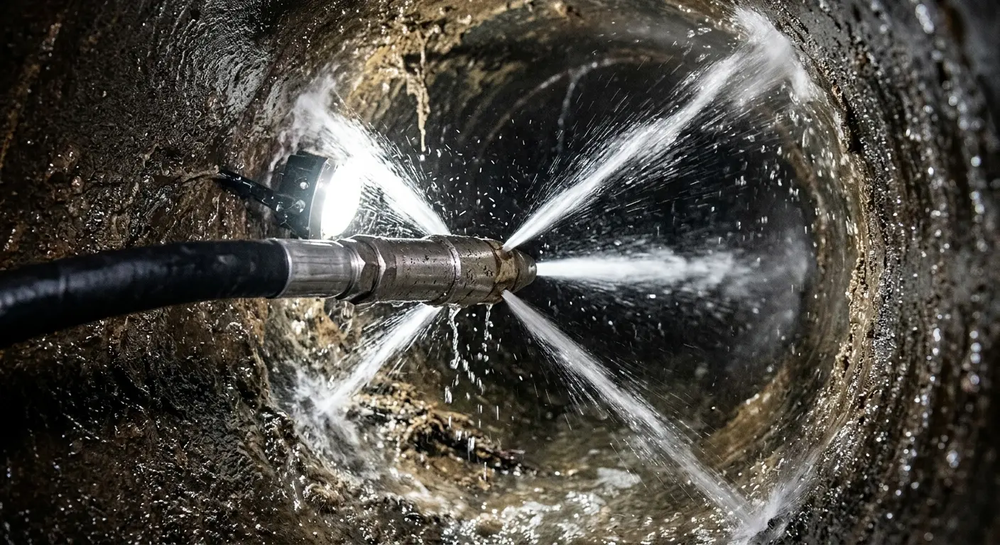 High-pressure hydro jetting nozzle cleaning sewer pipe for Trenchless Sewer Repair in Johnson City