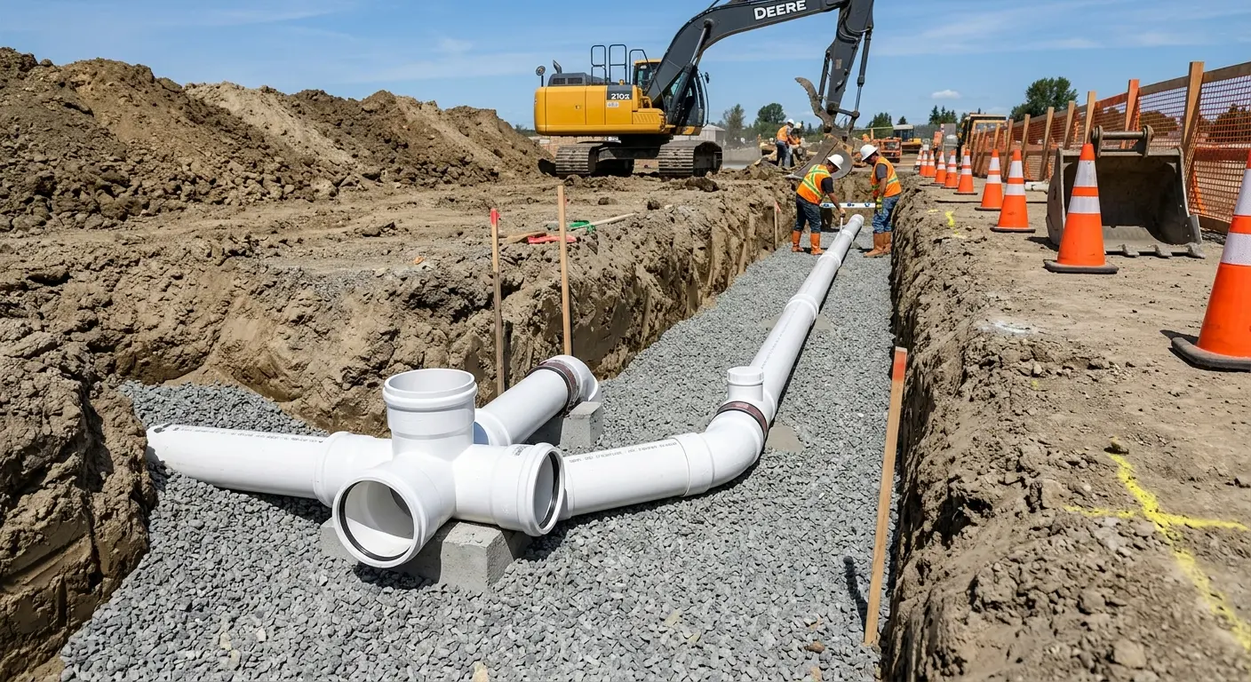 New PVC sewer pipe installation in open trench for Sewer Backup in Johnson City