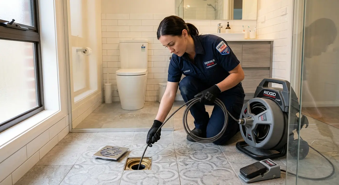Technician clearing a bathroom floor drain for Drain Cleaning in Johnson City